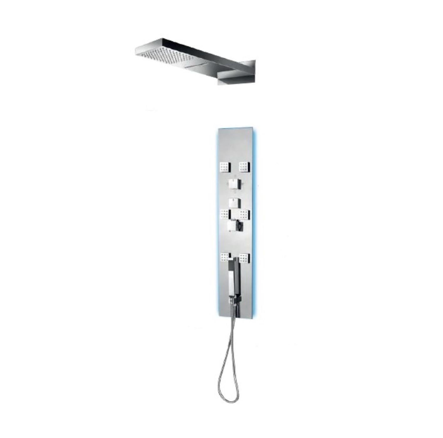 Columna de hidromasaje CIBELE en acero inoxidable pulido plateado, com LED para una iluminación elegante. Ducha superior, cascada, mano en latón cromado y 6 jets fijos, para un baño relajante