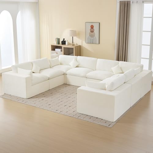 Image of 146''Cloud Boneless Sectional Couch, Modular Sectional Sofa Deep Seat, Oversized Upholstered Convertible Comfy 8 Seater Chenille Memory Foam Sofa U Shape Couches for Living Room, Beige