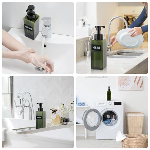 Image of Segbeauty 22oz Empty Plastic Foam Bottle with Foaming Pump, 2pcs Refillable Bathroom Hand Soap Dispenser with Labels, 650ml Green Empty Square Kitchen Liquid Soap Container, Shampoo Pump Bottles