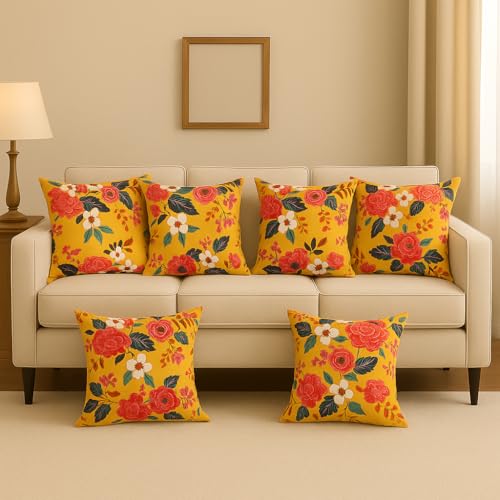 Image of Jute Cushion Cover 20x20 Inch - Set of 6 Decorative Throw Pillow Covers for Sofa, Couch or Bed - Designer Printed Square Cushion Covers - Home Decor (Mustard Floral)