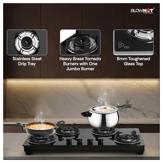 BLOWHOT Premium Hybrid Gas Stove 4 Burners Auto-Ignition, 8mm Thick Glass Cooktop - SABAF Tech. | DOORSTEP SERVICE + 10 Yr General Warranty | Jumbo Brass Burner, ISI Cert., LPG/PNG Compatible