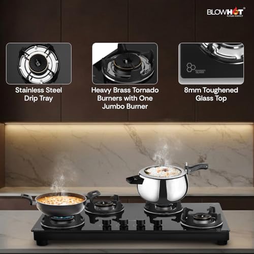 Image of BLOWHOT 4 Burner Auto Ignition PREMIUM Hybrid Gas Stove | Tornado Brass Burners | Stainless Steel Dip Tray | SABAF Gas Valve - Warranty | 10 Years on Product