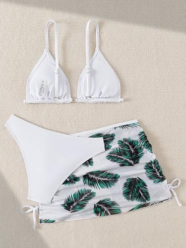 Image of Girl's 3 Piece Set Leaf Print Bikini Sets Bathing Suit with Mesh Cover Up Skirts White 170