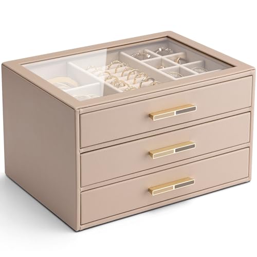 Vlando 3 Layer Jewelry Box for Women, Glass Lid Jewelry Organizer with 3 Drawers for Necklaces Rings Earrings Bracelets - Toffee F. Toffee 3-Layer