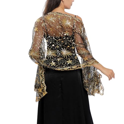 Ladiery Sequin Stars Moons Shawls and Wraps for Evening Dresses,Women sparkly Sheer Mesh Wedding Shawls for Evening Party