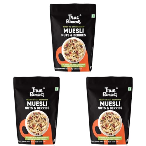Image of True Elements Crunchy Nuts & Berries Muesli 1kg - With 13g Clean Protein | Almonds, Seeds & Real Cranberries | With Jowar Millets | Crunchy Wholegrain Muesli | No Added Refined Sugar (Pack of 3)