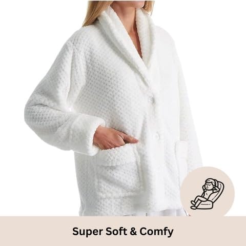 LA CERA Women's Fleece Bed Jacket - Stylish Notched Collar, Long Sleeves, Front Pockets, Button Front, Machine Washable4