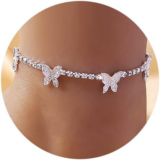 DoreenBow Dainty Layered Anklet Butterfly Initial Heart Evil Eye Ankle Bracelets for Women Rhinestone Simple Chain Anklet Gold Foot Anklet Summer Beach Beaded Jewelry for Women and Girls