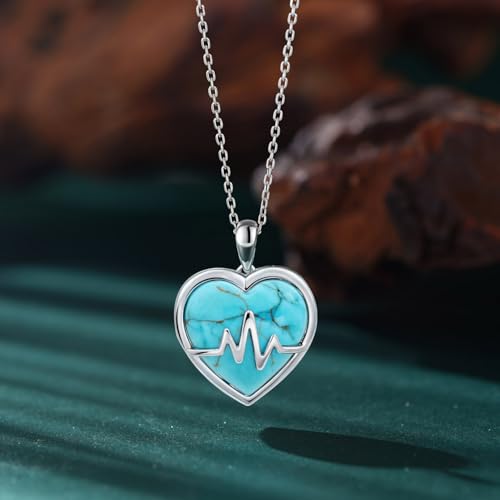Heartbeat Turquoise Necklace 925 Sterling Silver Genuine Turquoises Heart Necklace Western Nature Gemstone Turquoise Jewelry Gifts for Women3