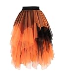 PUKAVT Tulle Skirts for Women High Waist Elastic Midi Skirt A-line Irregular Layered Mesh Tutu Skirts Black Orange XL