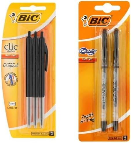 BIC Clic Medium 3-Pices Ballpoint Pens and Gelocity Stic 2-Pices Black Pens