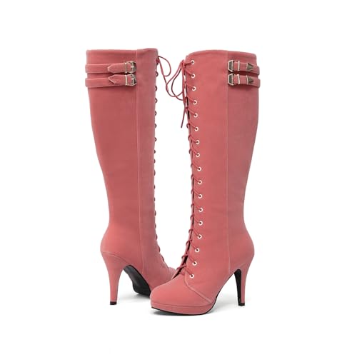 Image of getmorebeauty Womens Knee High Boots Suede Buckle Rock Lace Up Zipped Thigh High Heel Boots
