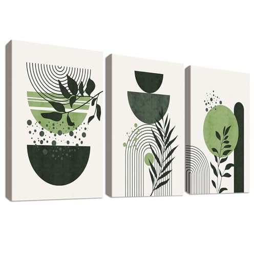 3 Pcs boho verde salvia Stampa su tela Con Cornice Linea geometrica minimalista Foglia Pittura Quadri su tela Quadri Moderni Camera da Letto Soggiorno Decorazioni Murale 150x70cm(20