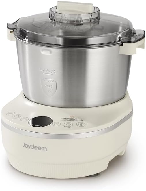 Front view of the JOYDEEM Electric Dough Maker, showing the base, stainless steel mixing bowl, and transparent lid.
