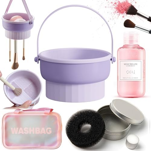 3 In 1 Makeup Brush Cleaning Set Multifunctional Washing Bowl Drying Basket with Handle Silicone Cleaner Mat Removal Cleaner Sponge 150ml Professional Makeup Brush Cleaner