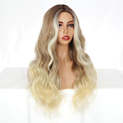 PORSMEER Long Brown to Blonde Highlighted Wigs for Women Ladies Ombre Blonde with Dark Roots Middle Part Natural Looking Loose Wave Synthetic Hair Wig for Everyday or Halloween,26inch - Image 2
