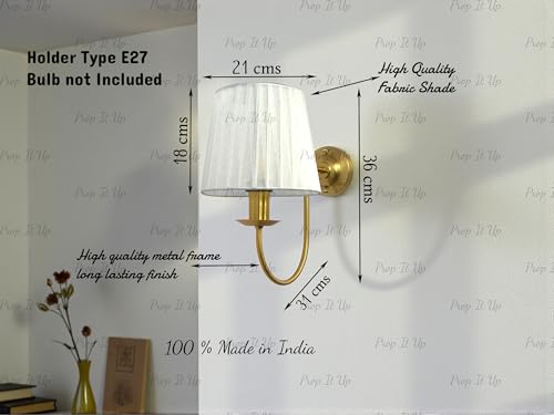 Image of Prop It Up Vintage Wall Sconce Light with White Fabric Shade for Home, Golden Antique Finish wall lamp for Hall, E27 Holder, Metal Frame, Indoor Lighting, Bulb not Included