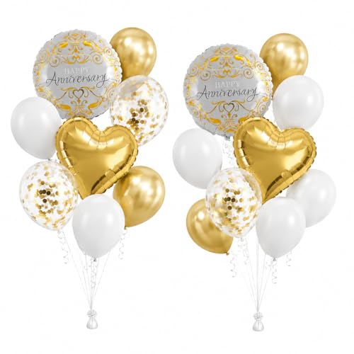 AMFIN (Pack of 20) 17 Inch Love Wedding Theme Anniversary Balloon Bouquet Gold Rose Chrome Metallic Finish Foil Latex Confetti Women Men Decoration Item Kit Cake Heart