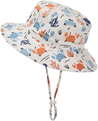 Baby Sun Hat Adjustable - Outdoor Toddler Swim Beach Pool Hat Kids UPF 50+ Wide Brim Chin Strap Summer Play Hat (19.7"(50cm)/12-24 Months, White Crab)