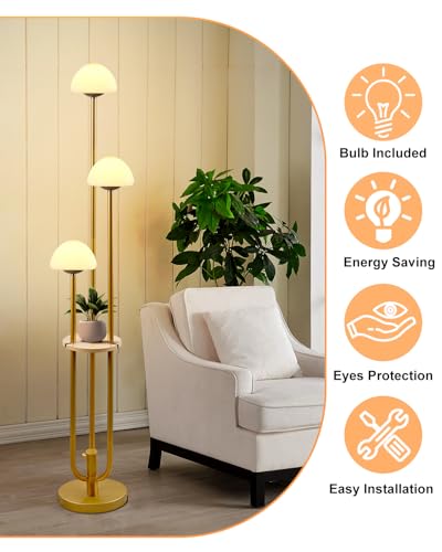 Image of Gold Dimmable Floor Lamp with Table, Modern Floor Lamps with Mushroom Shades for Living Room, 3000K Warm White Tall Standing Lamp with Bulbs& 5Lbs Heavy Base for Bedroom /Office