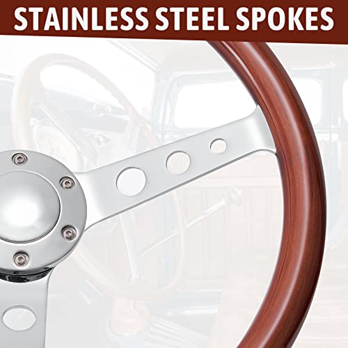 Temsone 15" Inch Wood Steering Wheel Grain Billet Polished Spoke With 6 Bolts Horn Button Classic Vintage Nostalgia Style Finger Grip Wooden Steering Wheel Of 2.1" Deep Dish Universal (3 Holes) #TOP3