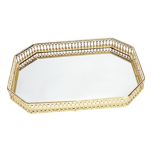 HAMPPLIES Bandeja de Almacenamiento de Vidrio con Espejo Estilo Nórdico Bandeja de Hierro Decorativa para Joyas y Cosméticos Diseño Geométrico para Salón Grande Rectangular