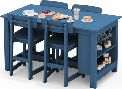 SERWALL Outdoor Bar Table and Chairs Set, 5-Piece HDPE Counter Height Patio Dining Sets with Storage and Wine Rack, Rectangular High Top Bar Table with 4 Bar Stools for Garden, Backyard, Blue