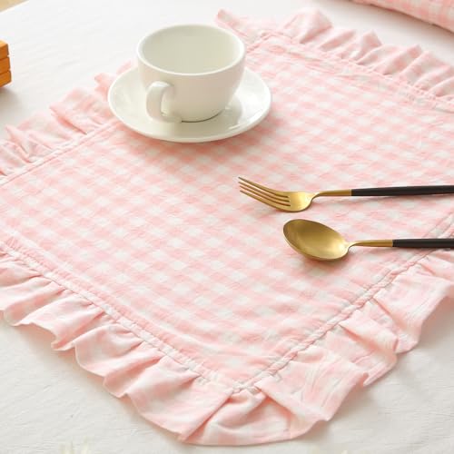K MASANIJI Blush Gingham Ruffle Placemats Cloth...