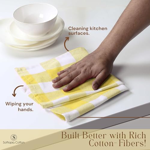 Image of Buffalo Check Kitchen Towels, 16x26 Inches, 4 Pack Plaid Tea Towels, Reusable Cotton Dish Cloths, Quick Drying, Absorbent Towel for Cooking, Drying Dishes, Lemon Yellow and White