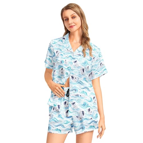 Image of Funny Pajamas for Women Set Print Satin Loungewear Pjs Short Sleeve Button Down Top and Shorts Sets Sleepwear XS-3XL