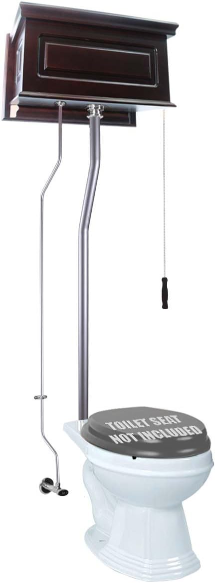 Renovators Supply Manufacturing High Tank Pull Chain Toilet With Dark Oak Wooden Raised High Tank 70 In. To 74 In. Adjustable Height Satin L Pipe And Round Toilet Bowl