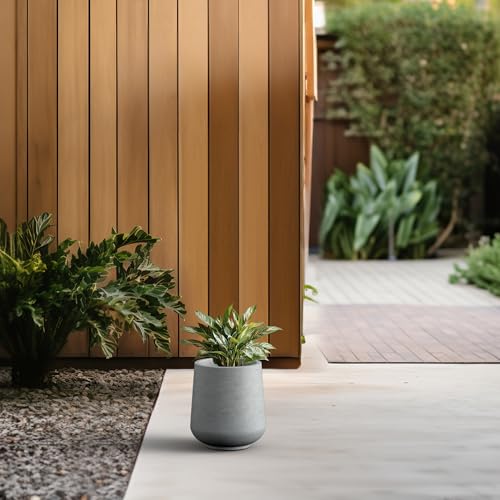 Image of Kante Small Round Curved Pale Gray Concrete Planter 9.4 inch Dia, Outdoor | Rubber Plug for Indoor, Drainage for Garden, All-Weather Cement Flower Pot, Handcrafted, Anti-Frost & UV, Modern Home Decor