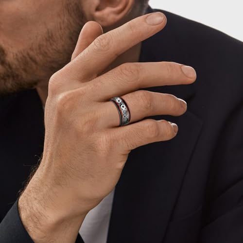 Image of 10mm Silver /Black Tungsten Rings for Men Steampunk Gear Inlay Size 7-14 | Koa Wood, Black Carbon Fiber, Dome Band Ring, for Wedding, Anniversary, Everyday Wear, Comfort Fit