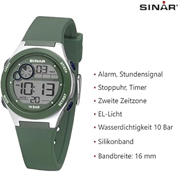 SINAR Jeugd polshorloge sporthorloge jongens digitaal kwarts 10 bar met alarm, EL-licht en siliconen armband zwart lichtgroen XF-68-1, zwart, Sportief