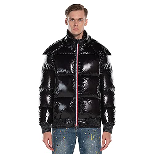 Extreme Pop hombre Chaqueta de plumas de ganso puro con capucha Colores brillantes Plata y negro (L, Negro)