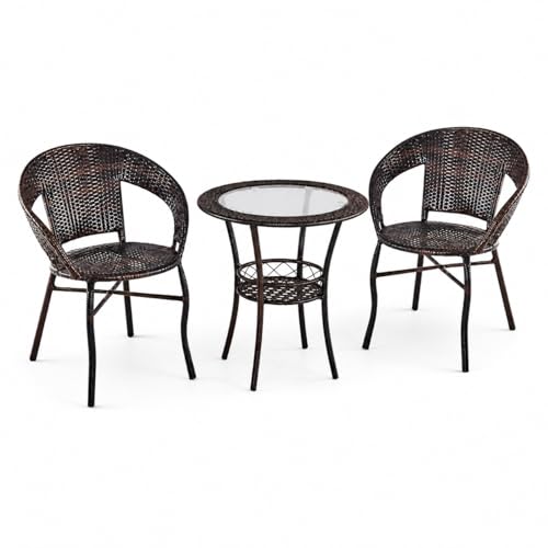 Home Mart Rattan Bistro Set 3-Piece Outdoor Table and 2 Chairs Round Glass Top Patio Cafe Set Wicker Style Balcony Garden Furniture Brown