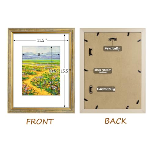 Image of Golden State Art,12x16 Ornate Picture Frame Holds 8.5x11 Photo,Vintage Gold | Includes real glass front,white mat,build-in hangers and buttons.Displays 8.5x11 photo on wall
