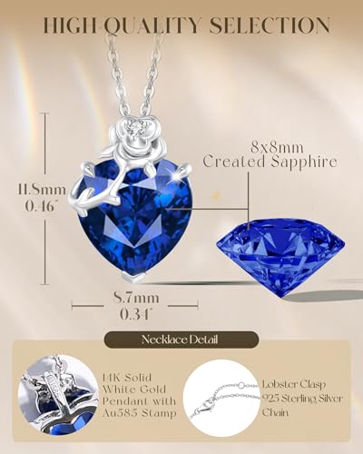 FANCIME 14K Solid White Gold Rose Pendant with Sterling Silver Chain Heart Birthstone Gemstone Fine Jewelry Christmas Gifts for Women Her4