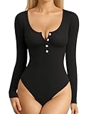 MANGOPOP Women's Henley Shirt Scoop Neck Button Down Ribbed Long Sleeve Bodysuits Top, Long Sleeve Black, Small