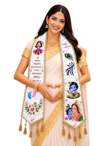 Image of Mom to Be Baby Shower Dupatta for Godh Bharai and baby shower Stoles with Bal Krishna Print, Ceremonial Festive Seemantham Functions FREE Shreenathji Brooch Pin for Dad to Be