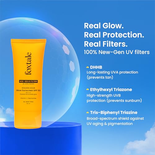 Image of Foxtale Glow Sunscreen SPF 50 PA++++ with Vitamin C & Niacinamide, In-Vivo Tested, Sensitive-Skin Friendly, Made with 100% New-Gen Filters, Lightweight, Non-Greasy, No White Cast |For Men & Women 50ml