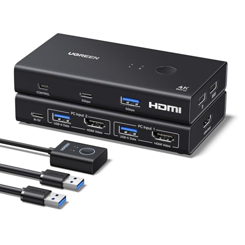 UGREEN HDMI KVM Switch 1 Monitor 2 Computers, 4K@60Hz with 4 USB 3.0 Ports KVM Switches for 2...