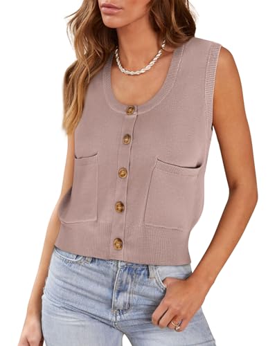 Image of Yousify Womens Sweater Vest Summer Ribbed Tank Tops Sleeveless Button Down Shirts Scoop Neck Top for Women