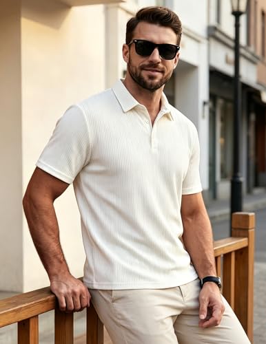 Camisetas Polo para Hombre de Manga Corta, Tejido Texturizado y Elástico, Cuello con Botones, Ligero y Transpirable, Estilo Casual y Elegante, Ideal para Verano, Negocios y Viajes miniatura 4