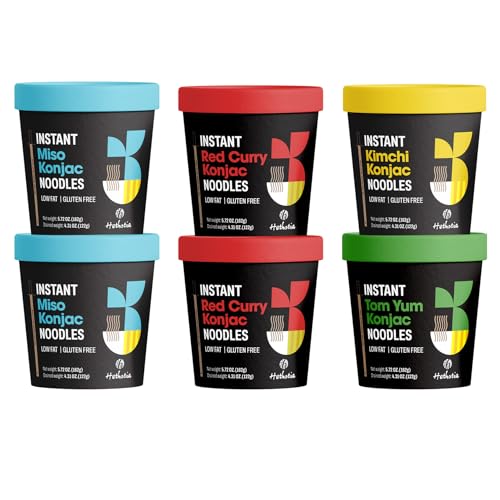 Image of Hethstia Shirataki Noodle Angel Hair Variety Flavor (Miso, Kimchi, Tomato), Ready to Eat, Low GI, Low Carb, Healthy Food, Instant Konjac Noodles Soup (6 Packs)