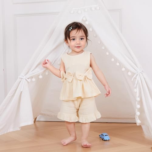 Kupretty Toddler Girl Summer Clothes Baby Solid Linen Outfit Bows Ruffle Tank Tops Shirts + Ruffled Short Set2