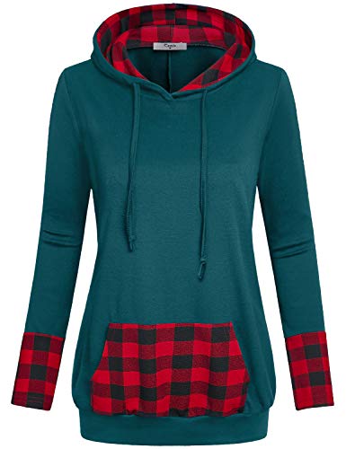 Cestyle Hoodies for Women Lightweight, Juniors Long Sleeve V Neck Color Block Soft Comfy Pullover Sweatshirt with Pockets Casual Warm Winter Banded Hem Tops Dark Cyan M