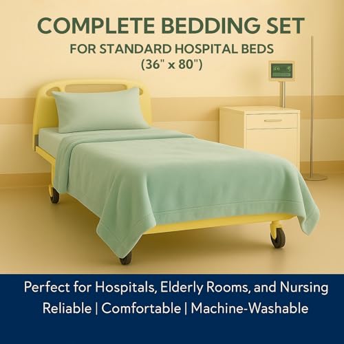 Image of Care Bed Sheets Set 4 Pcs - 36 inchx80 inch Fitted Sheet, Flat Sheet, Pillowcase & Blanket - Twin XL Hospital Style Sheets for Home or Adjustable Beds(Green)