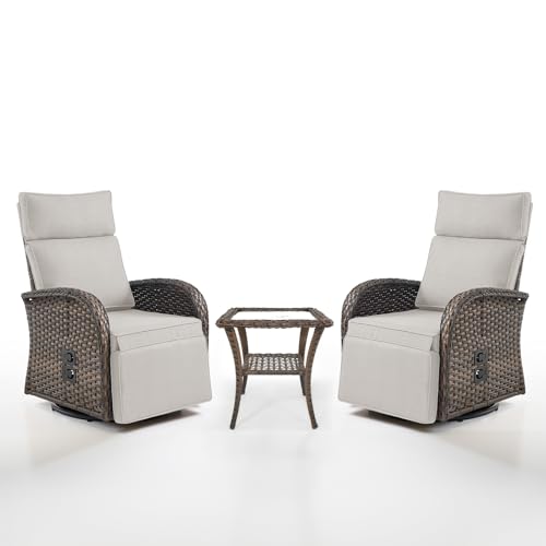 Dual-Adjust Swivel Outdoor Recliner Chair Set of 3 - Reclining Patio Chair with Adjustable Backrest and Footrest, All-Weather Wicker Chaise Lounge Outdoor with Side Table for Pool Deck (Upgraded 2.0)