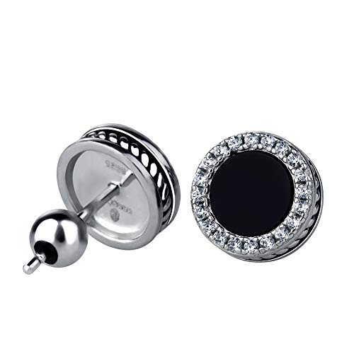 KRKC&CO Men Earrings Stud, Black Sterling Silver Earrings, Birthday Gift for Men, Iced Out Cz Onyx, Hypoallergenic, Stylish Hip Hop Jewerly, Fathers Day